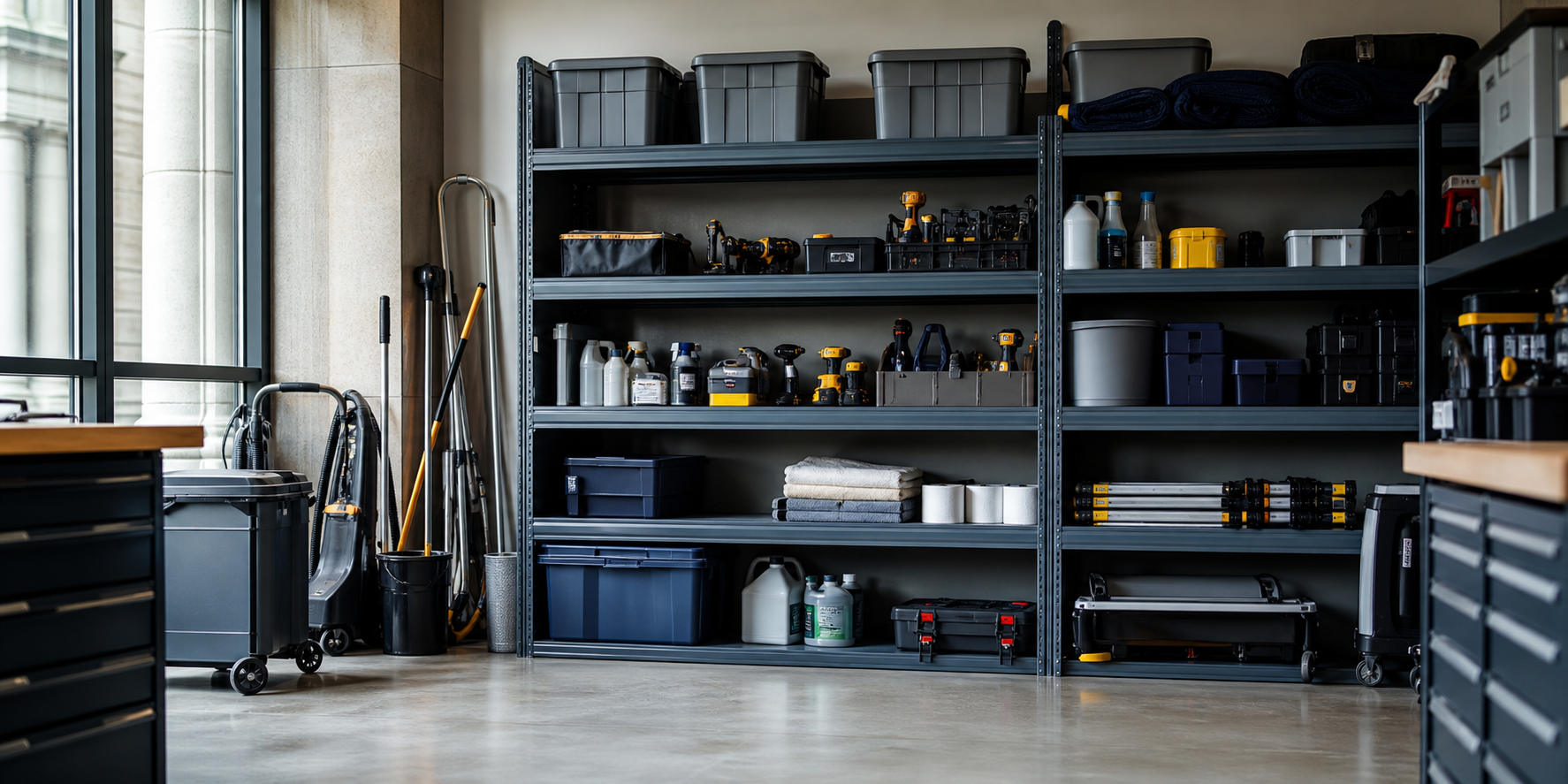 Bright federal facilities workspace with neatly organized shelves stocked with maintenance tools, power tools, and cleaning supplies