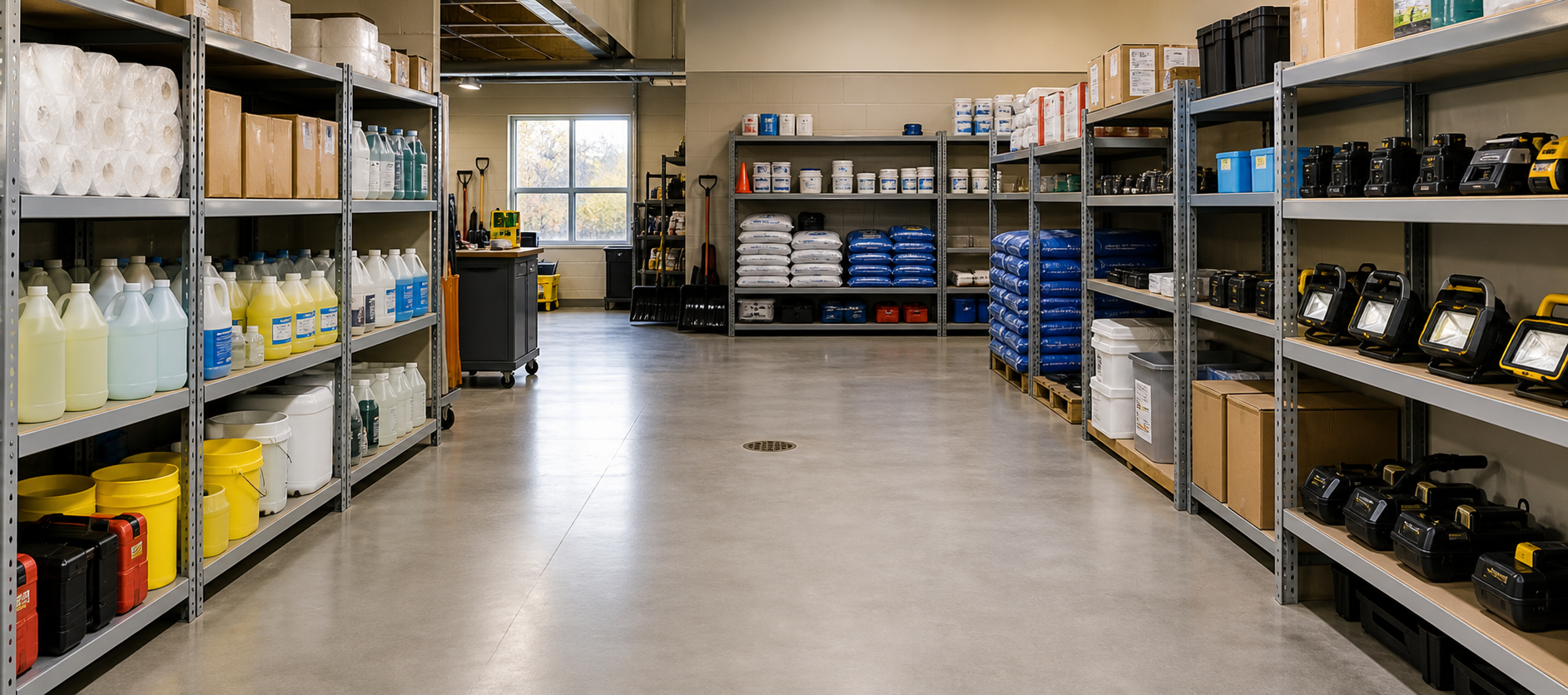 Organized government facility maintenance stockroom with shelves stocked with cleaning supplies, bags of ice melt, cordless tool batteries on chargers, LED work lights, and boxes of MRO consumables