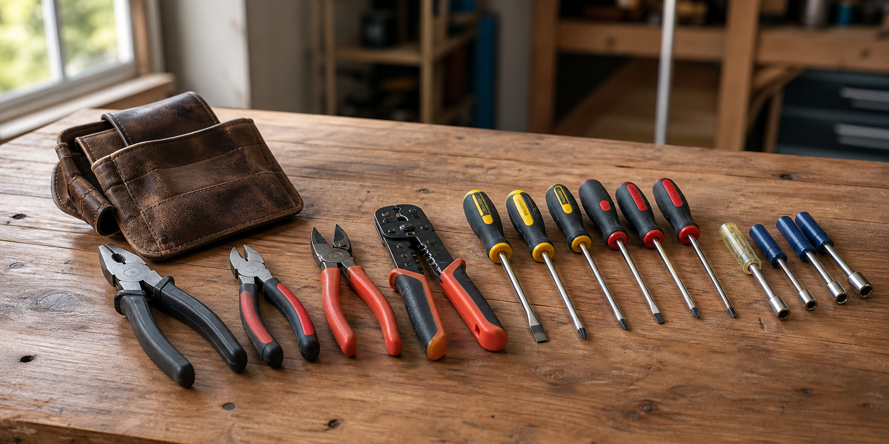 Electrician hand tools including pliers, screwdrivers and a leather tool pouch arranged on a wooden workshop bench