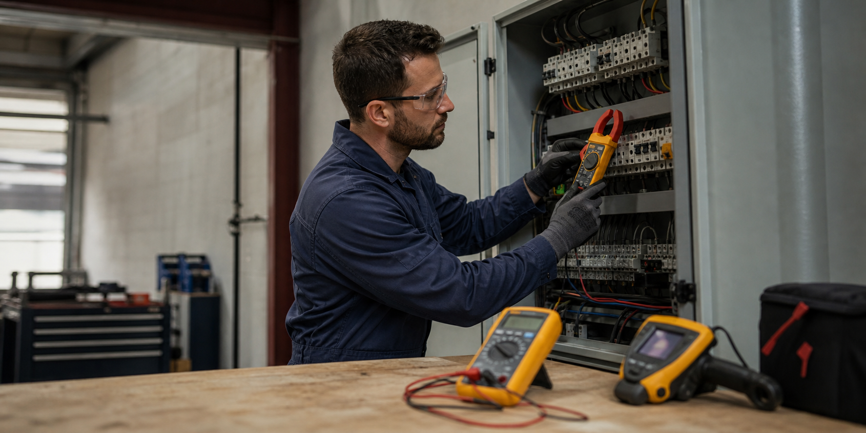 Facility maintenance technician using a clamp meter at an electrical panel, with a digital multimeter and thermal imager on the workbench in a workshop