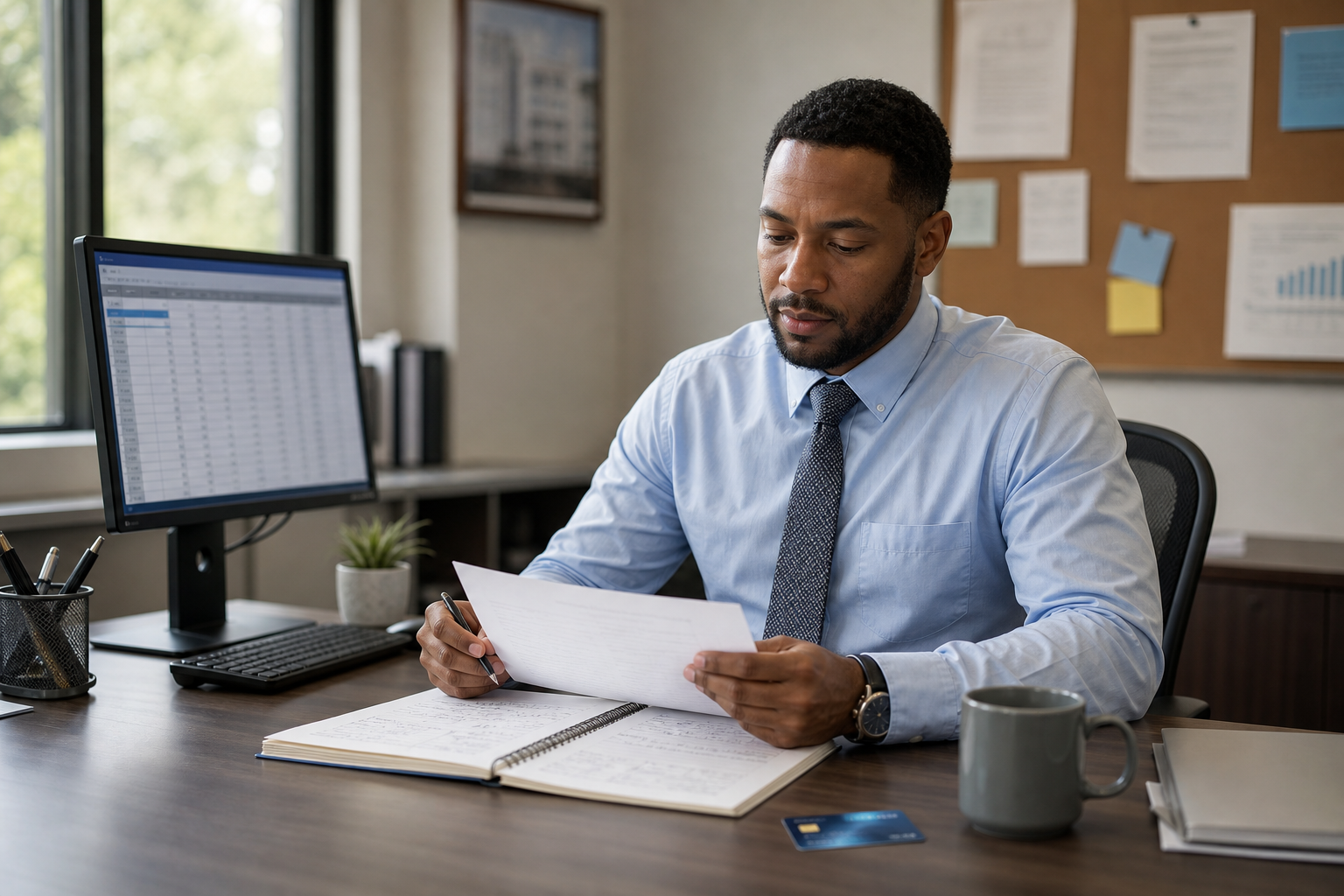 AI-generated illustration of a federal employee reviewing GSA SmartPay purchase card transactions at a modern office desk, with procurement documents, a computer showing a spreadsheet, and compliance reminders on a bulletin board.