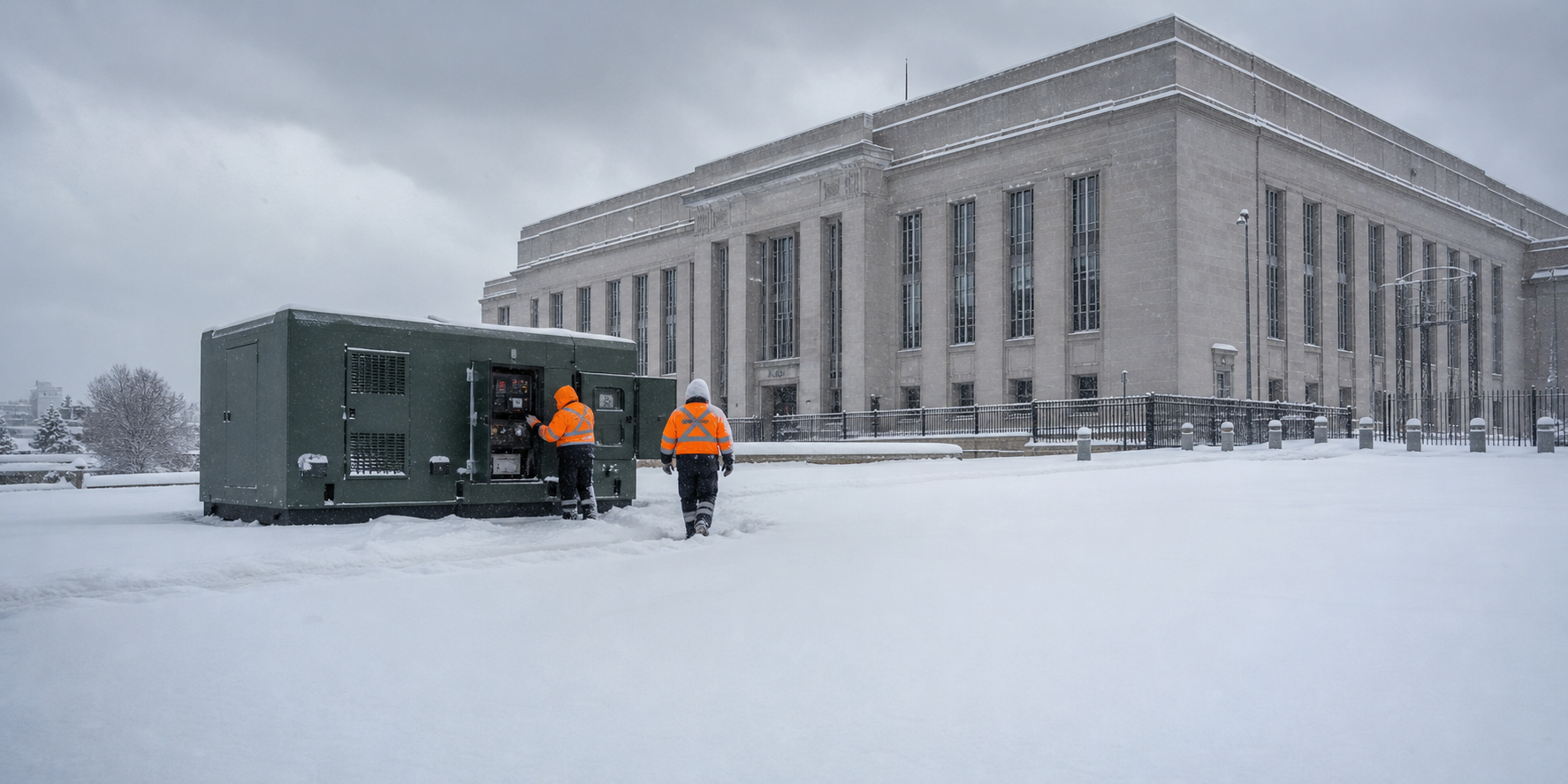 Federal government facility during a winter storm with snow-covered grounds, a portable generator positioned safely outdoors away from the building, and workers in high-visibility orange cold-weather gear conducting readiness checks under an overcast sky with falling snow.
