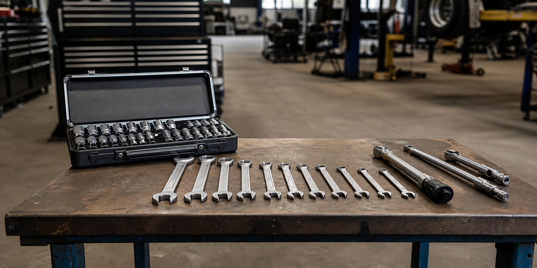 Proto industrial socket sets, wrenches and a torque wrench on a fleet maintenance workbench