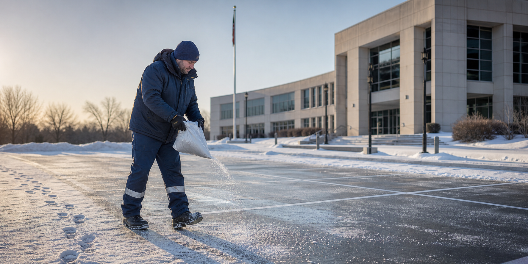 Maintenance worker spreading ice melt granules on a snow-covered government facility parking lot at dawn
