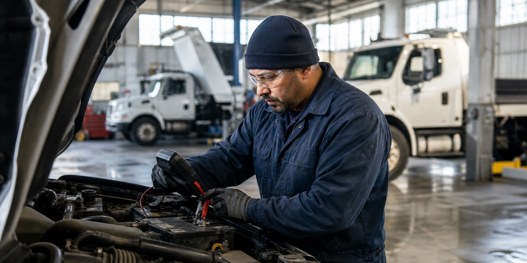 Municipal fleet mechanic checking a truck battery inside a New York City fleet garage before winter.