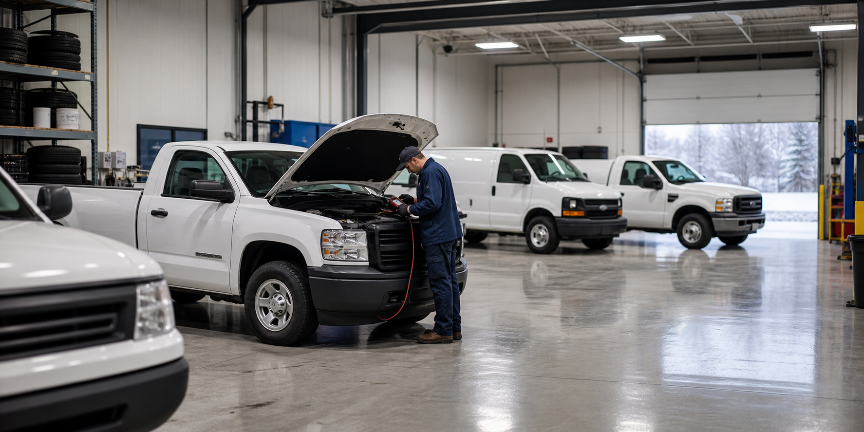 Federal fleet vehicles in a maintenance shop during winter readiness checks, with a mechanic inspecting a battery under an open hood