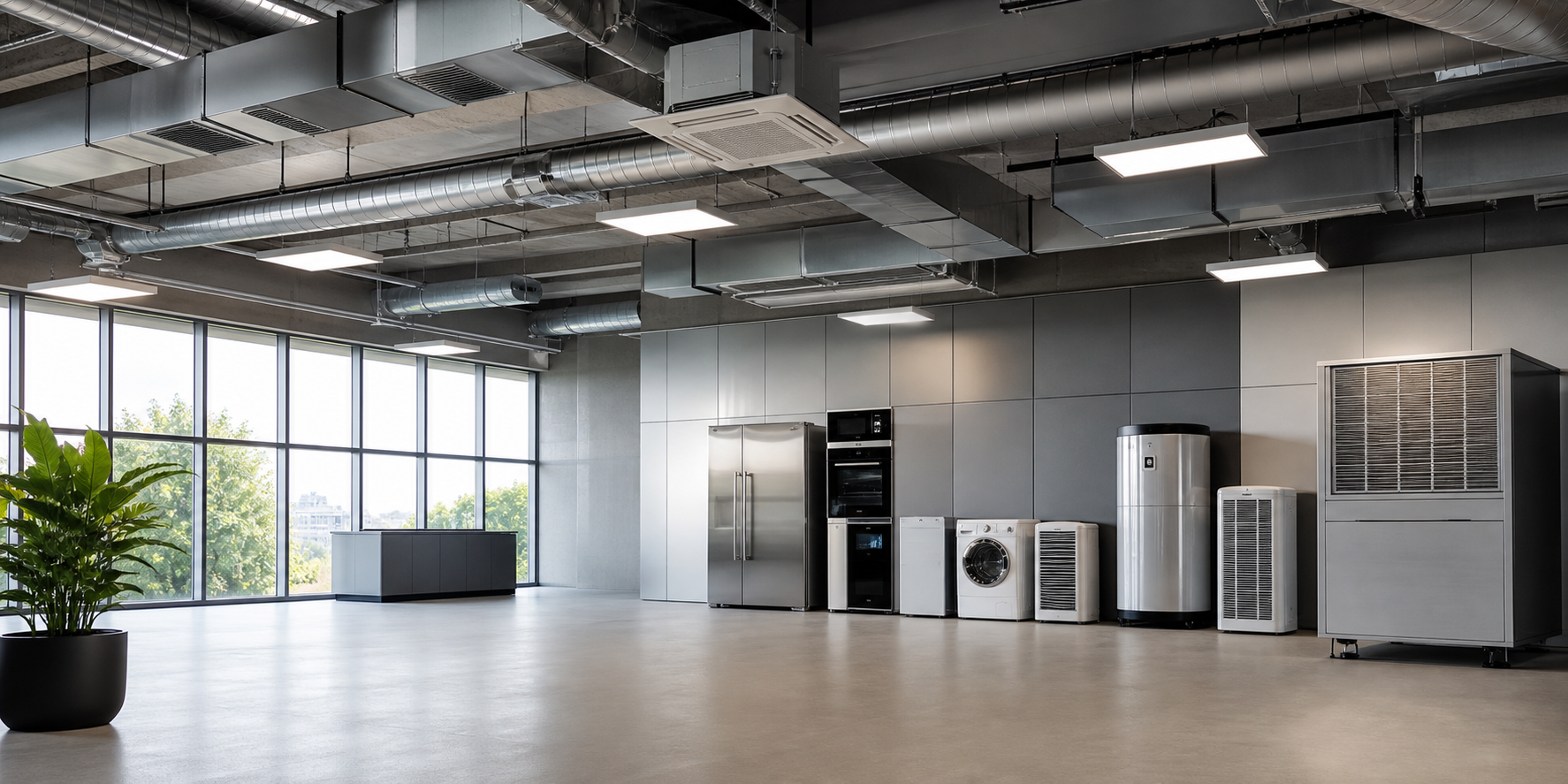 Energy-efficient federal facility interior with LED ceiling light panels, exposed HVAC ductwork and air handling equipment, and energy-efficient appliances