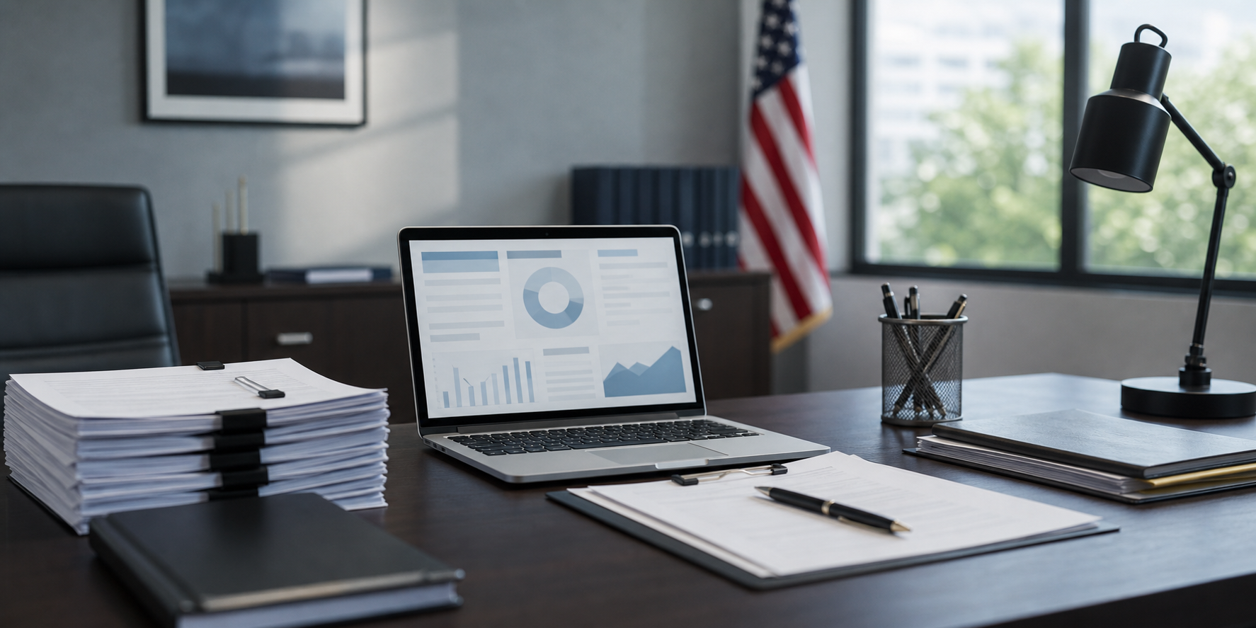 A clean, modern federal procurement office workspace with a tidy desk, stacked contract documents, and a laptop