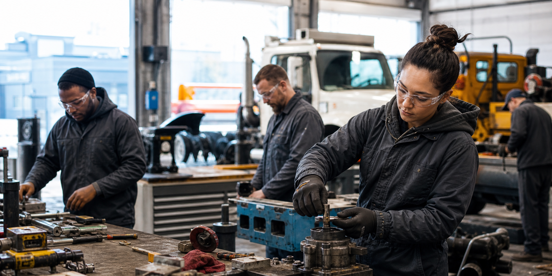 Maintenance and facility workers wearing clear safety glasses while working in a bright municipal maintenance shop