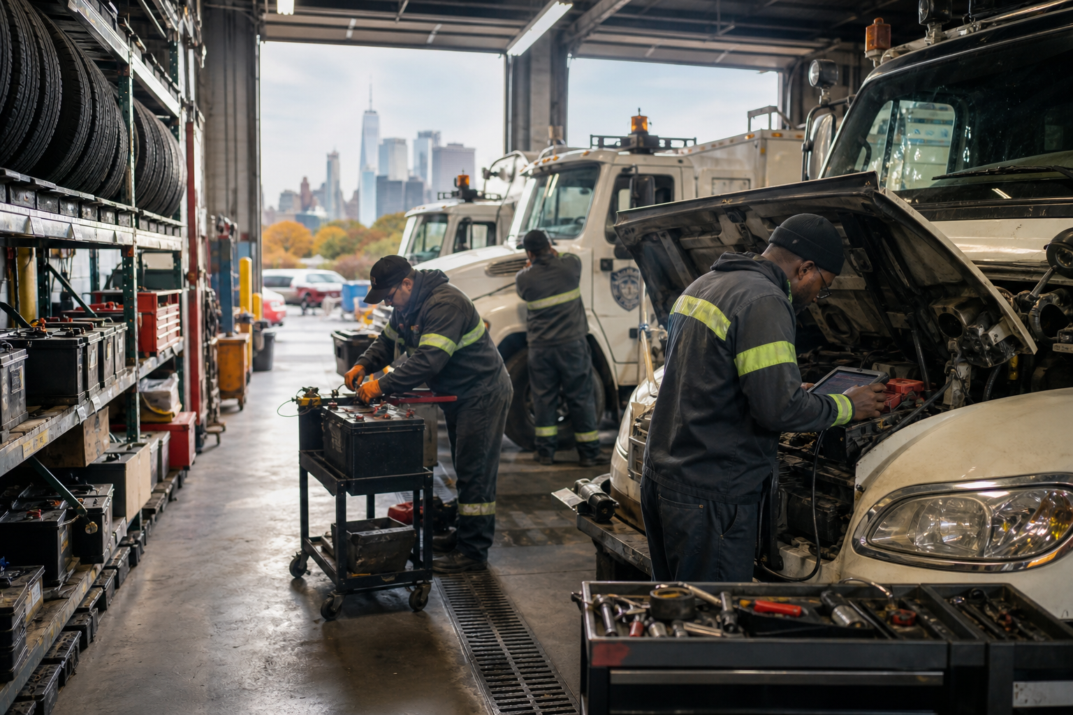 AI-generated illustration of an NYC municipal fleet maintenance shop preparing for winter: mechanics inspecting sanitation trucks and emergency vehicles, shelves stocked with winter tires and batteries, NYC skyline visible through open garage doors.