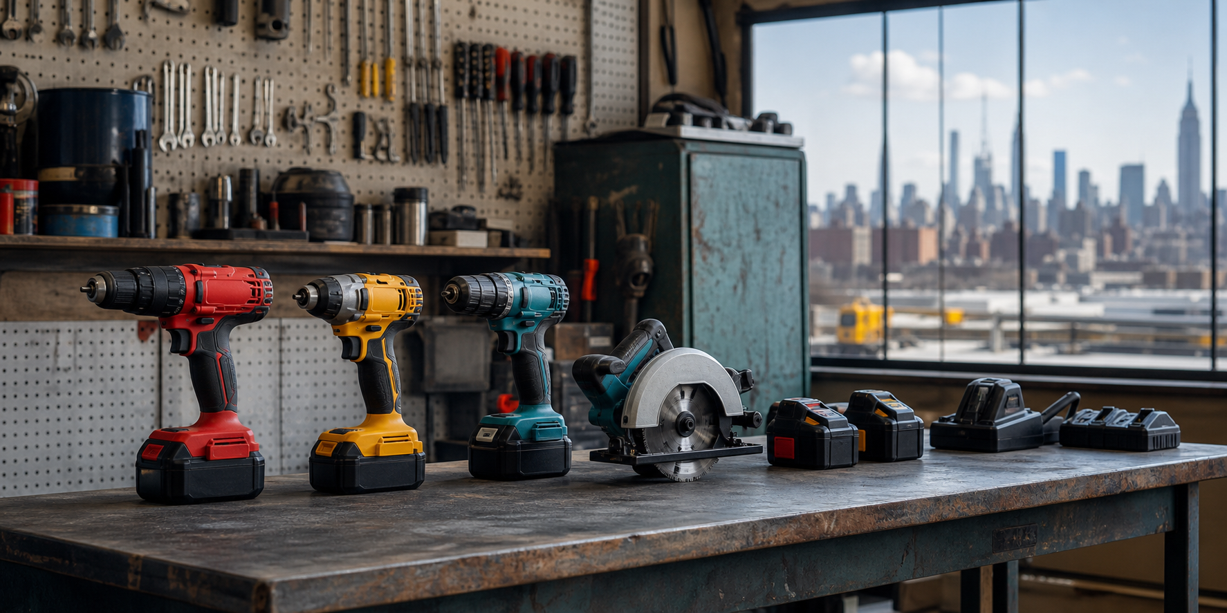 Cordless power tools and battery packs on a workbench in an NYC maintenance shop