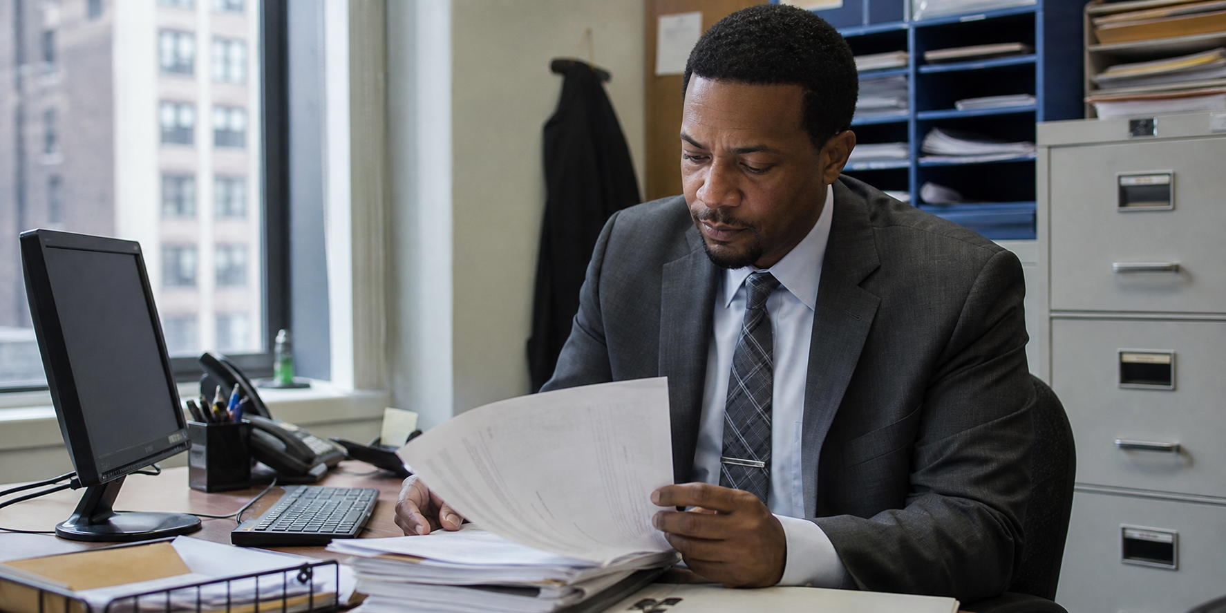 New York City government procurement professional reviewing procurement documents at a desk in a government office