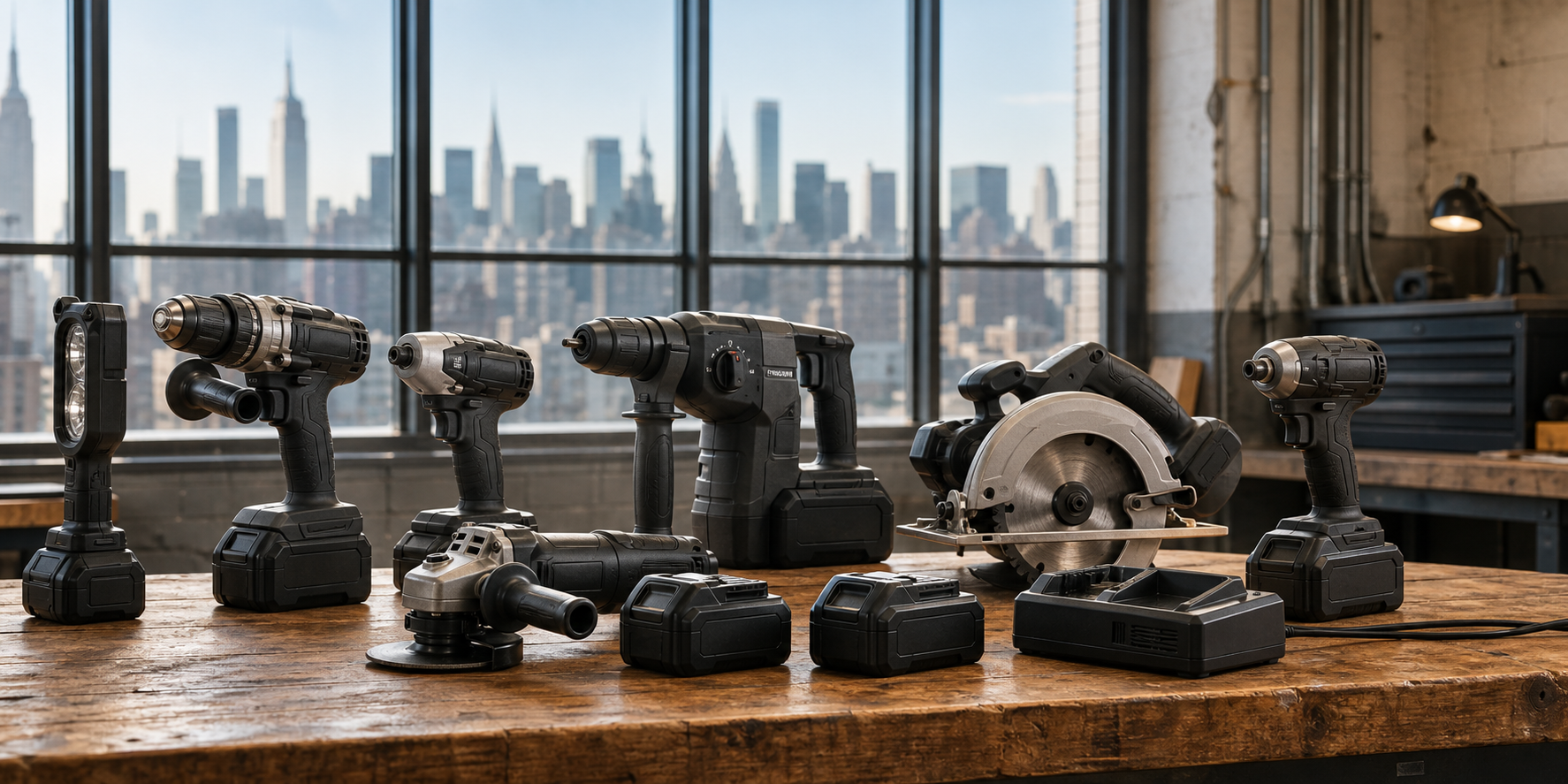 Cordless power tools, batteries, and accessories arranged on a workbench in a New York City maintenance workshop with the Manhattan skyline visible through the windows