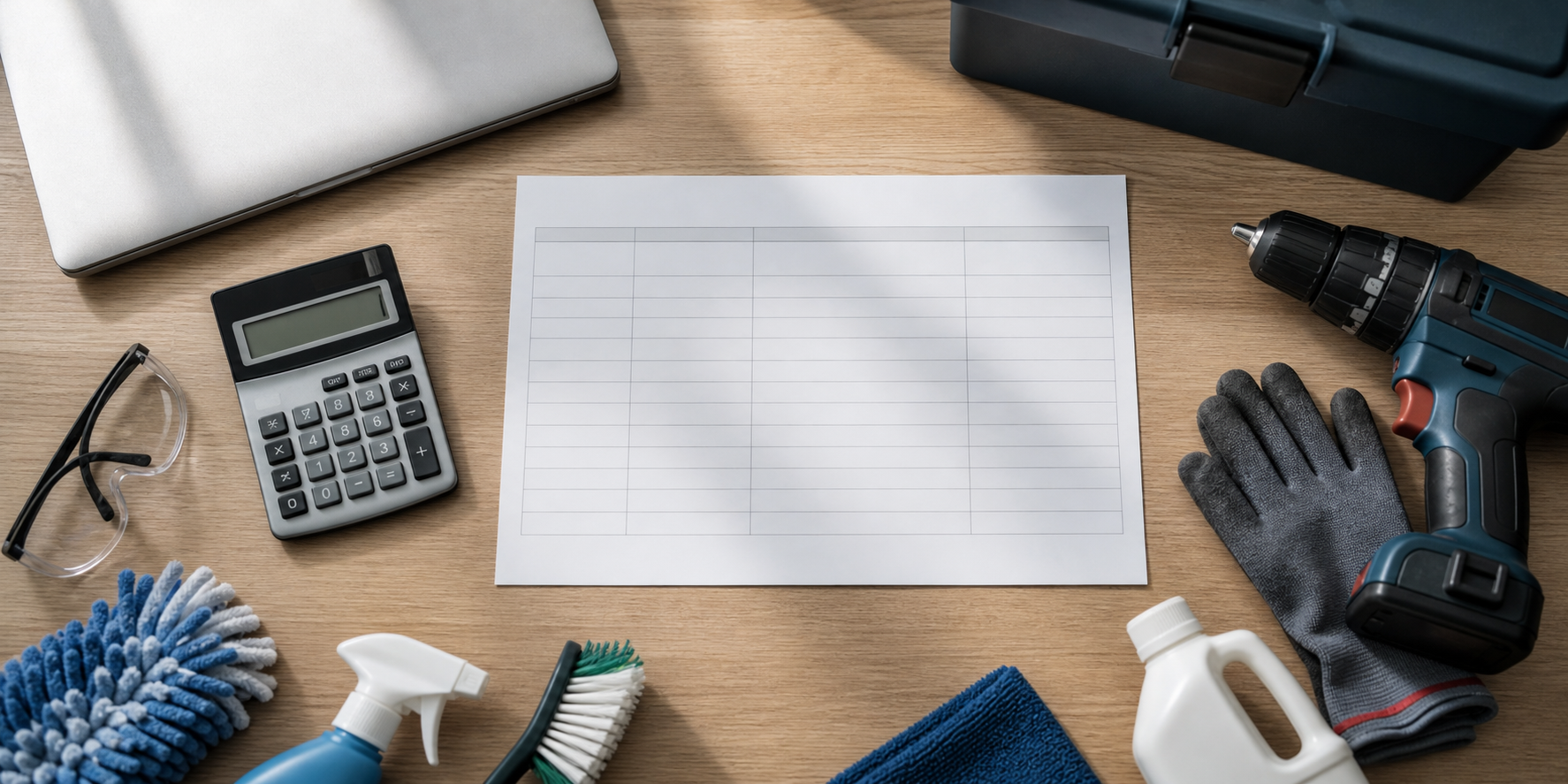 Overhead view of a federal procurement workspace with a calculator, blank price-comparison worksheet, laptop, safety glasses, cleaning supplies and power tools arranged on a desk