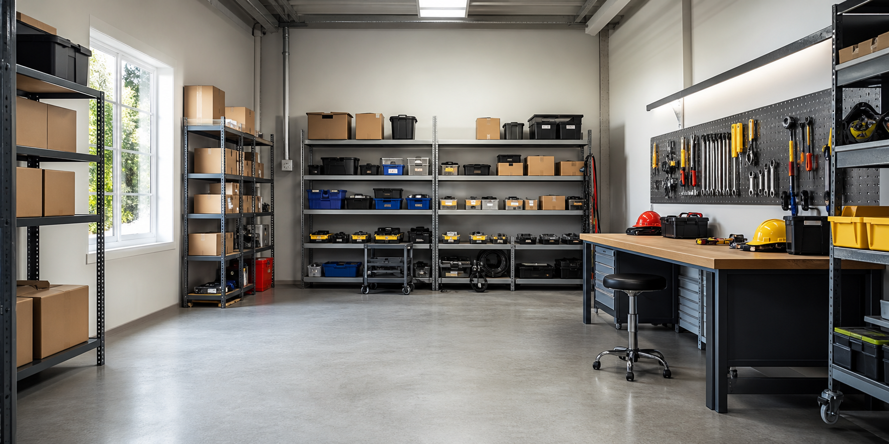 Organized industrial maintenance supply room with metal shelving, parts bins, hand tools and safety equipment arranged on a workbench