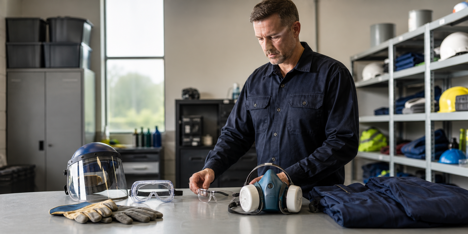 A safety officer inspects a respirator and other personal protective equipment laid out on a work table in a federal facility safety equipment room