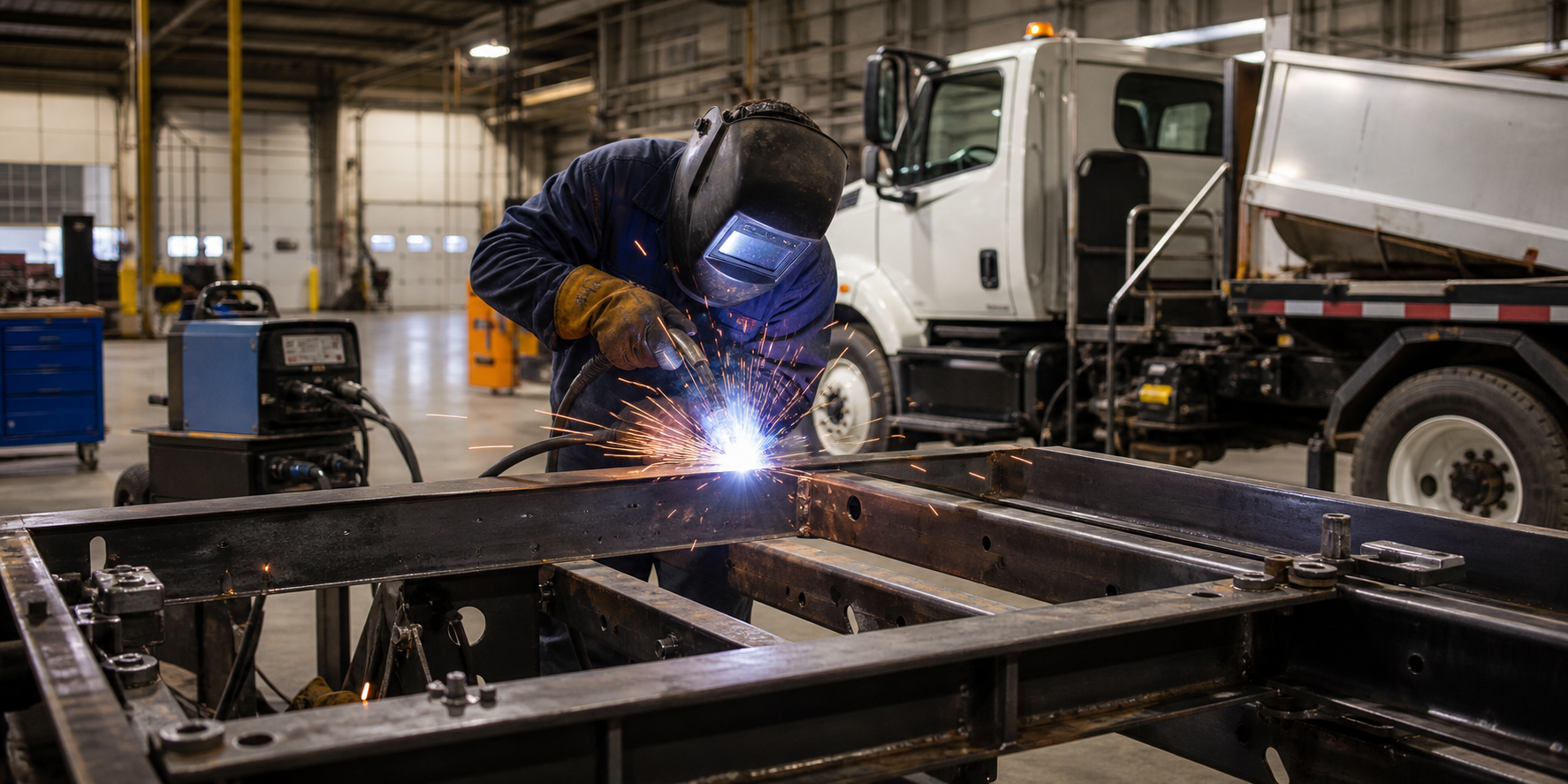Welder wearing a protective helmet and gloves welding a steel truck frame with bright sparks in a municipal fleet maintenance shop, with welding equipment and an unbranded service truck in the background.