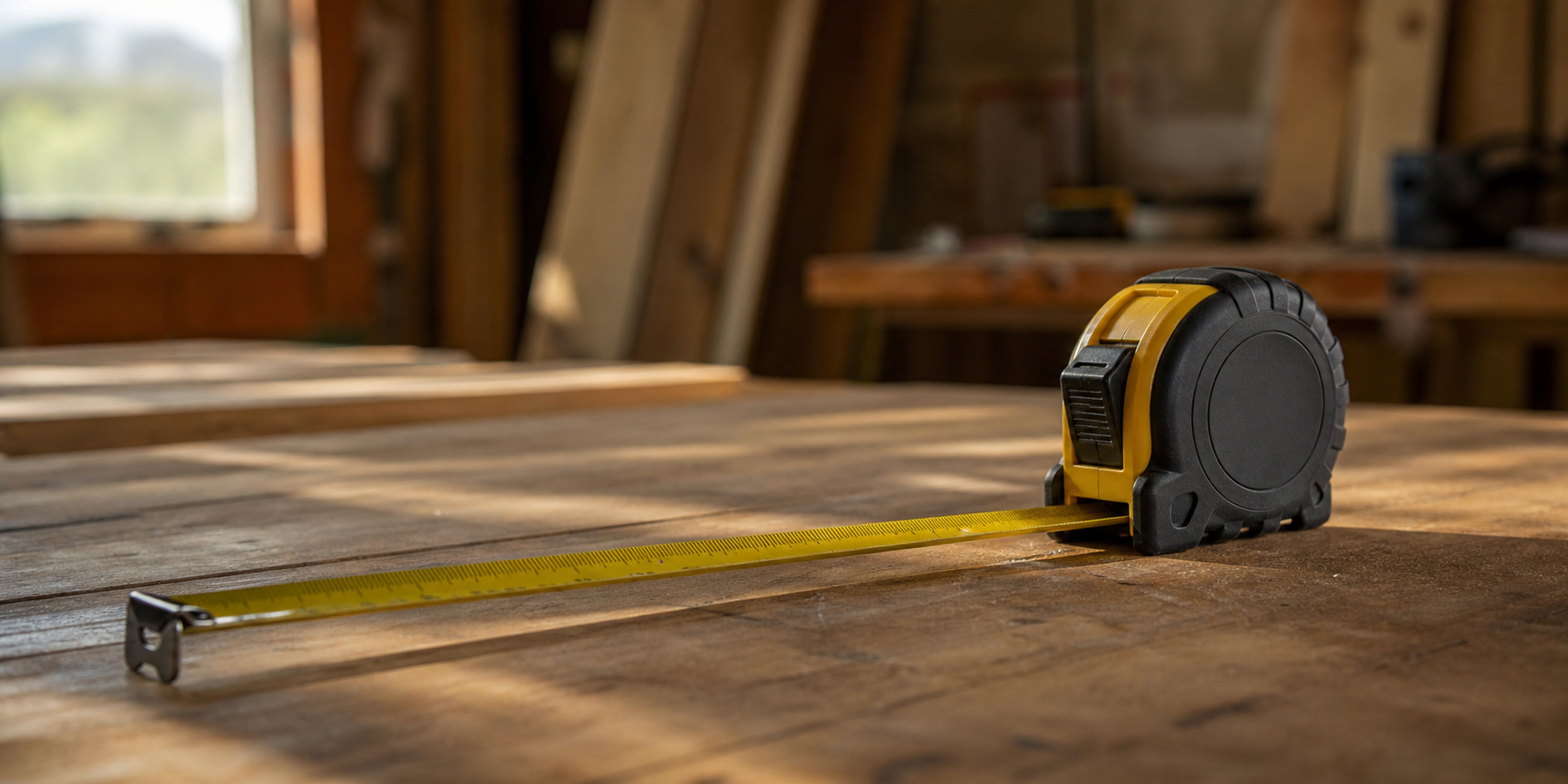 A retractable tape measure with its yellow blade extended across a wooden workbench in a workshop