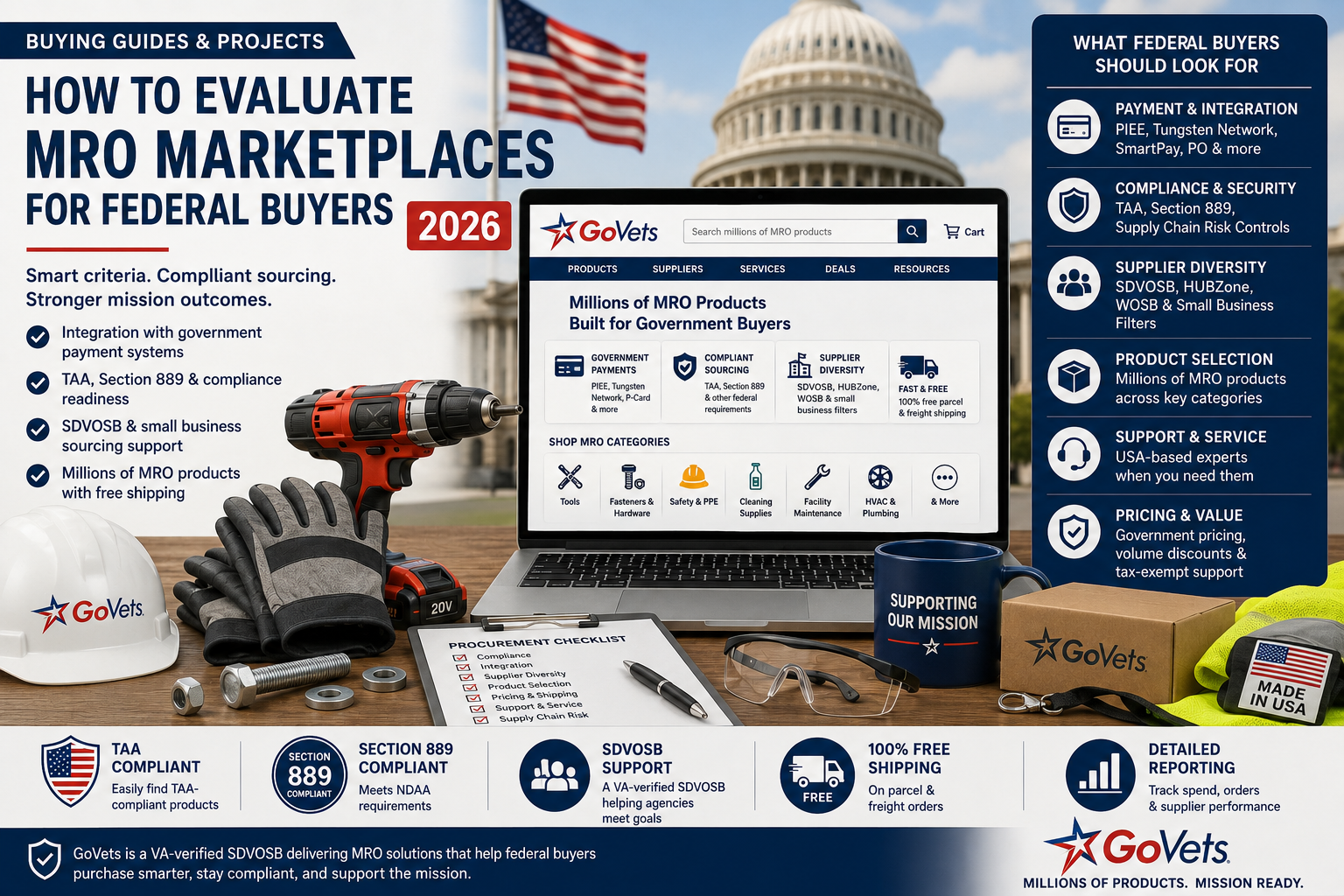 Featured image for “How to Evaluate MRO Marketplaces for Federal Buyers (2026)” showing a laptop displaying the GoVets marketplace surrounded by MRO tools, safety equipment, and maintenance supplies, with the U.S. Capitol and American flag in the background. The infographic highlights key federal procurement considerations including government payment integration, TAA and Section 889 compliance, SDVOSB supplier diversity, product selection, customer support, free shipping, and supply chain security.